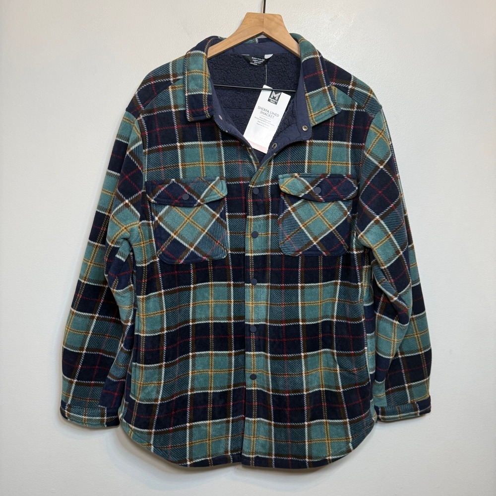 Members Mark Sherpa Lined Shacket Plaid Fleece Snap Front Jacket Size XL NWT